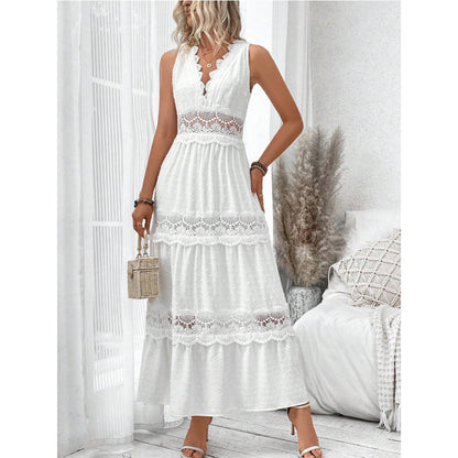 Robe sans manches à col en V et coutures en dentelle pour femme