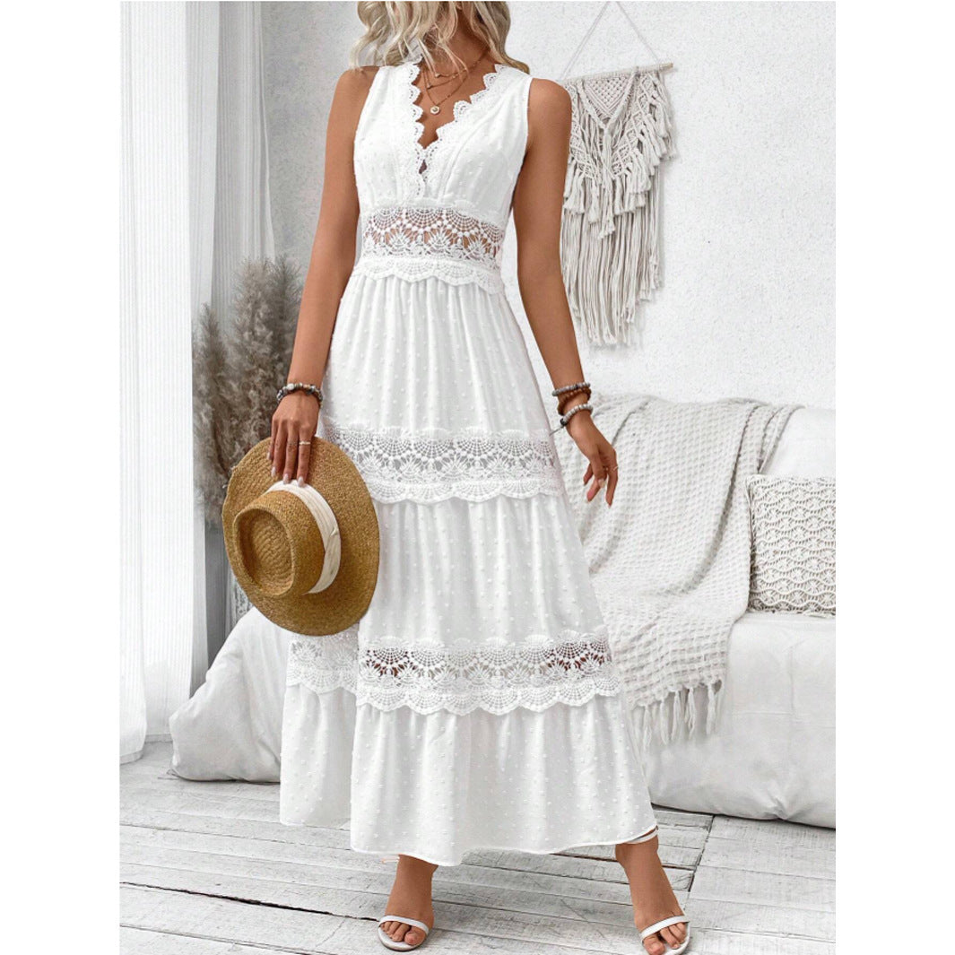 Robe sans manches à col en V et coutures en dentelle pour femme