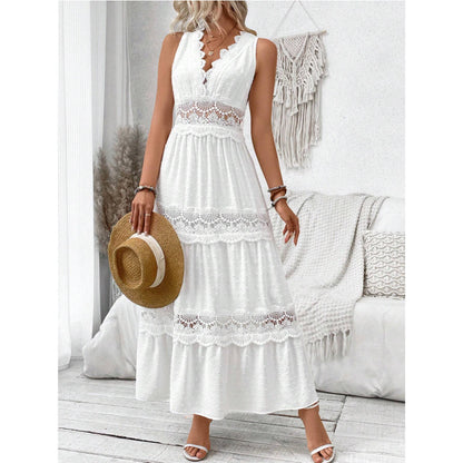 Robe sans manches à col en V et coutures en dentelle pour femme