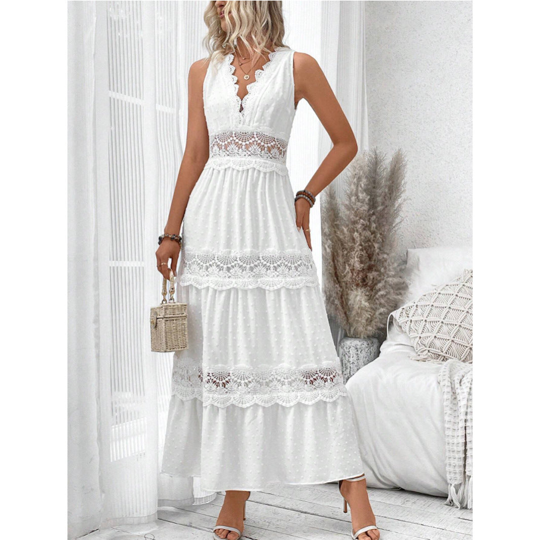 Robe sans manches à col en V et coutures en dentelle pour femme