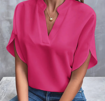 Haut femme en chiffon – manches courtes, col en V, style estival, chic et décontracté