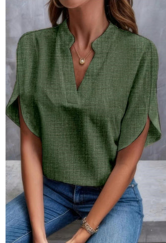 Haut femme en chiffon – manches courtes, col en V, style estival, chic et décontracté
