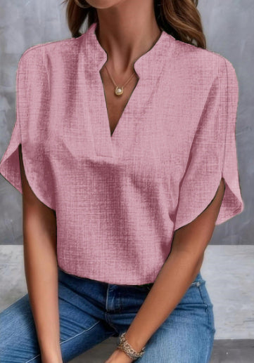 Haut femme en chiffon – manches courtes, col en V, style estival, chic et décontracté