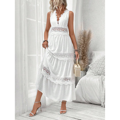 Robe sans manches à col en V et coutures en dentelle pour femme