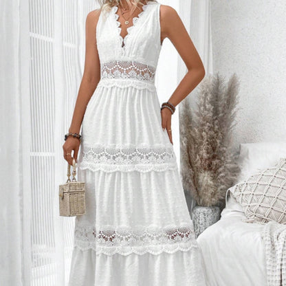 Robe sans manches à col en V et coutures en dentelle pour femme