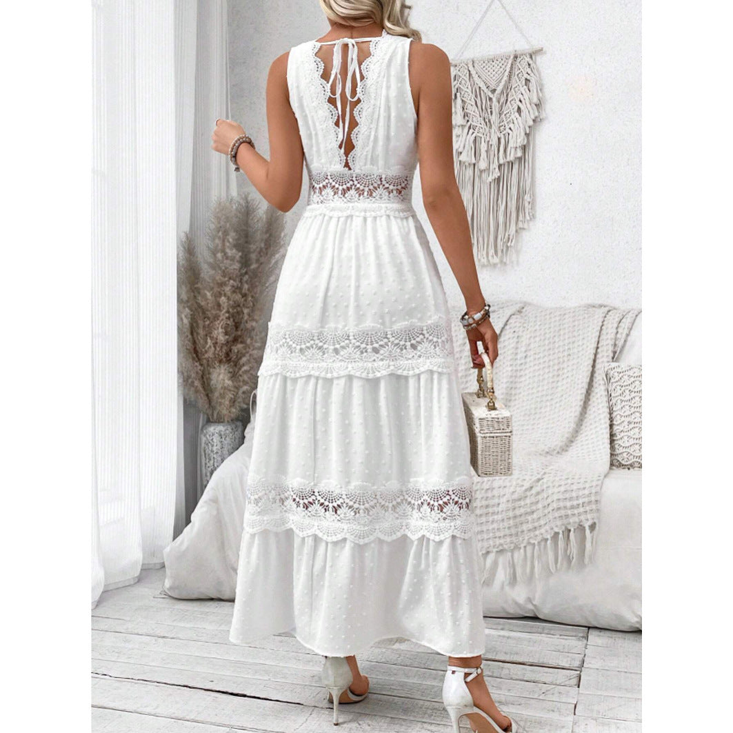 Robe sans manches à col en V et coutures en dentelle pour femme