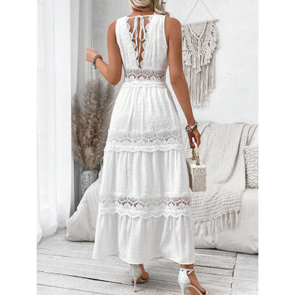 Robe sans manches à col en V et coutures en dentelle pour femme