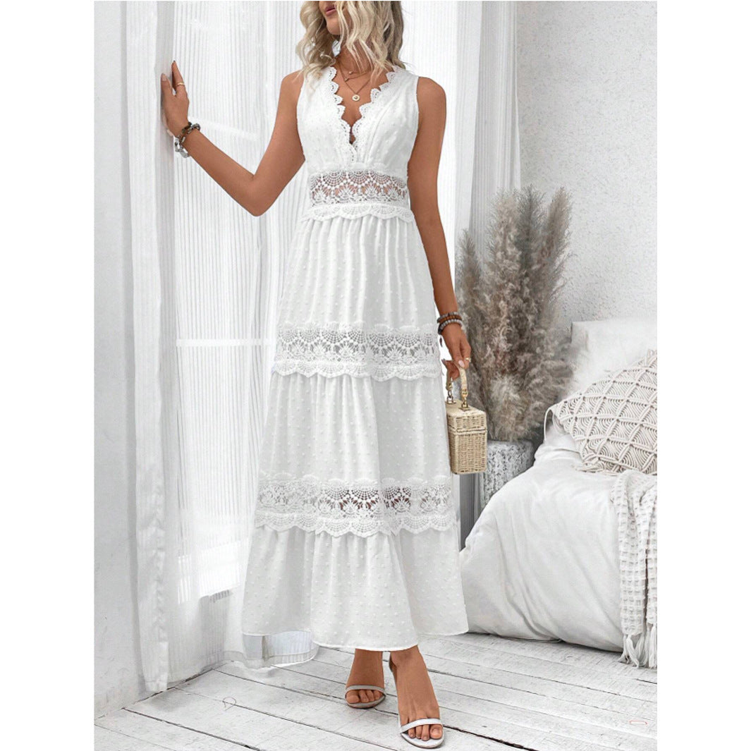Robe sans manches à col en V et coutures en dentelle pour femme