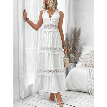 Robe sans manches à col en V et coutures en dentelle pour femme