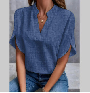 Haut femme en chiffon – manches courtes, col en V, style estival, chic et décontracté