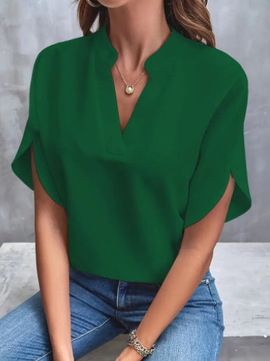 Haut femme en chiffon – manches courtes, col en V, style estival, chic et décontracté