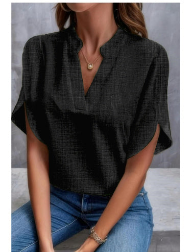 Haut femme en chiffon – manches courtes, col en V, style estival, chic et décontracté