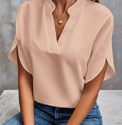 Haut femme en chiffon – manches courtes, col en V, style estival, chic et décontracté