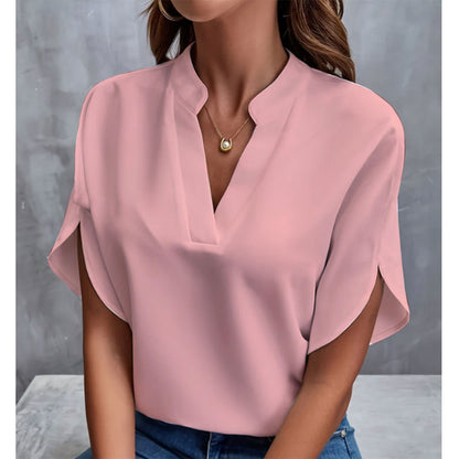 Haut femme en chiffon – manches courtes, col en V, style estival, chic et décontracté